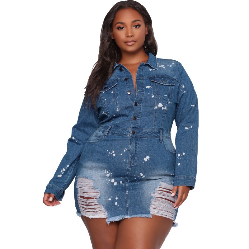 Turn Down Collar Denim Jacket-Dress for Women