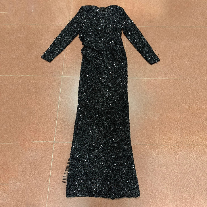 Women's Long Sleeved V-Neck Sequin Party Dress