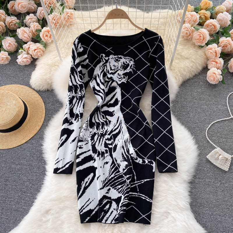 Tiger Printed Sweater Dress for Women