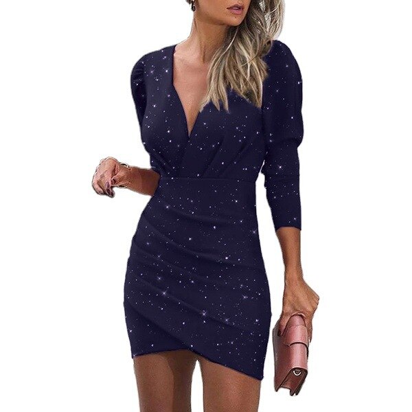 Women's Slim Mini Dress with V-Neck and Long Sleeves