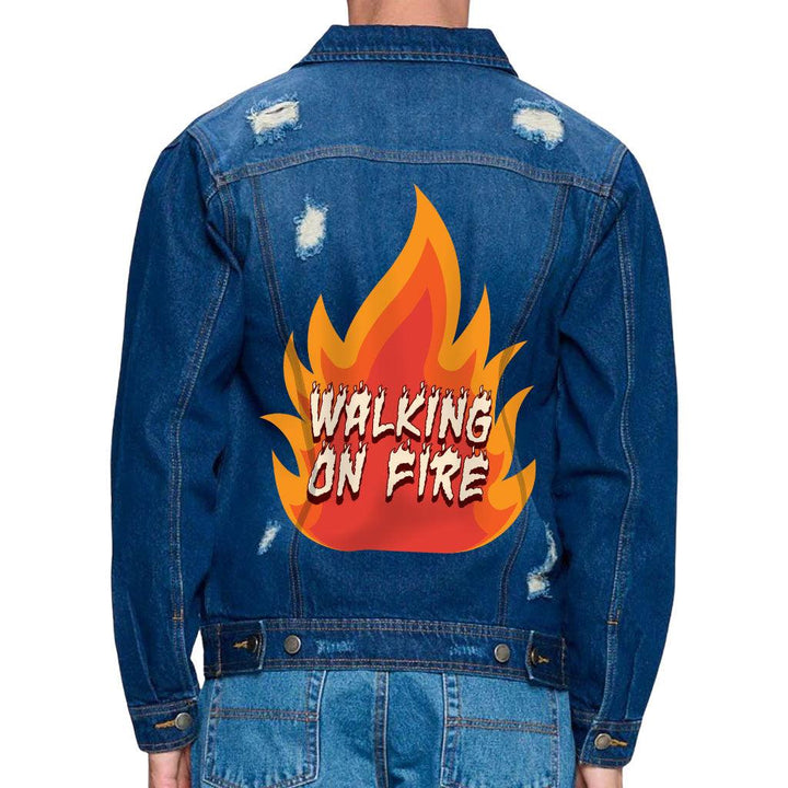 Fire Graphic Men's Distressed Denim Jacket - Cool Design Denim Jacket for Men - Illustration Denim Jacket - MRSLM