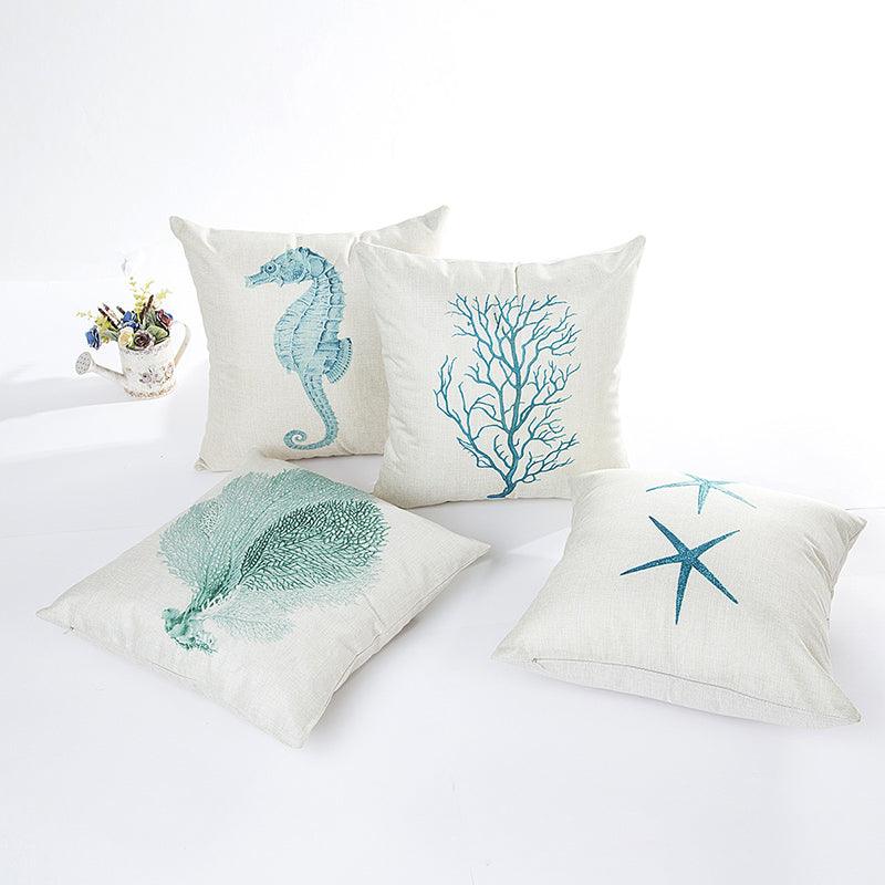 Blue Sea House Starfish Cotton Linen Cushion Cover Square Soft Decorative Pillow Case - MRSLM