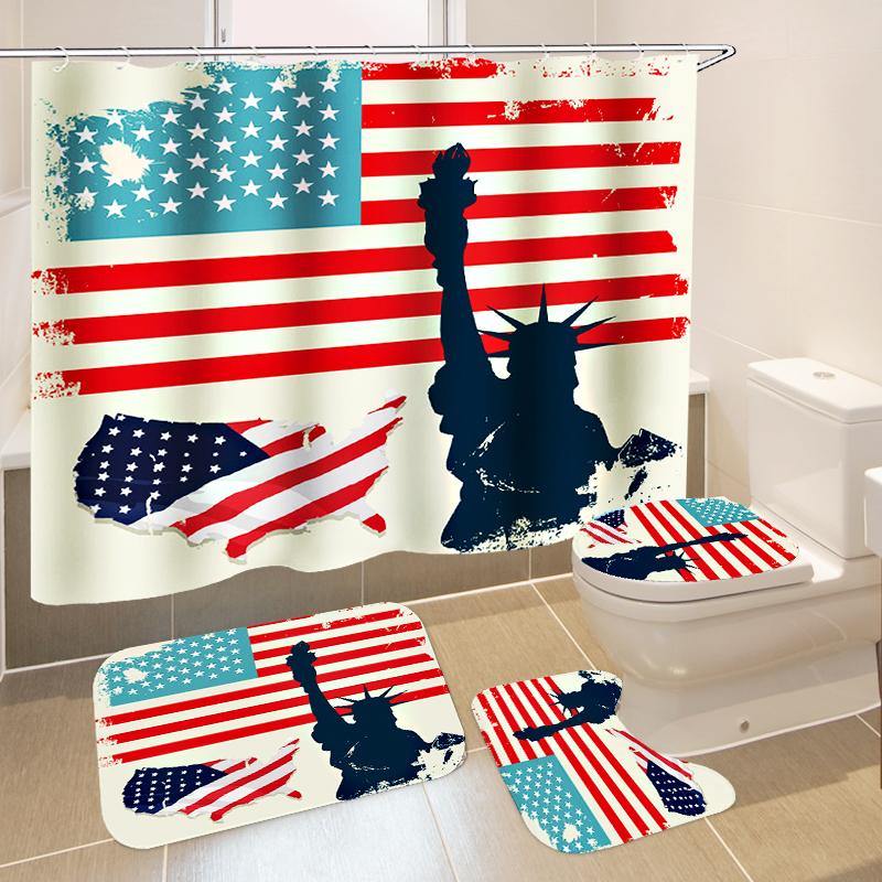 American Flag Bathroom Shower Curtain Non-Slip Rug Toilet Lid Cover Bath Mat with 12 Ring - MRSLM