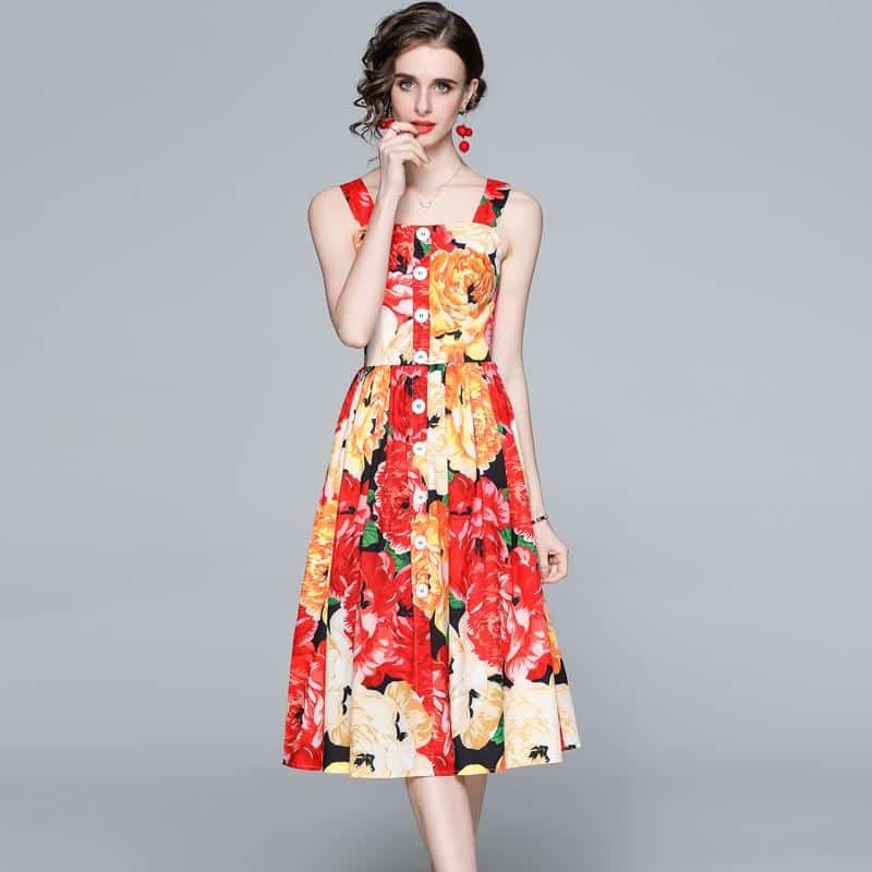 Women's Spaghetti Strap Backless Midi Dress with Floral Print