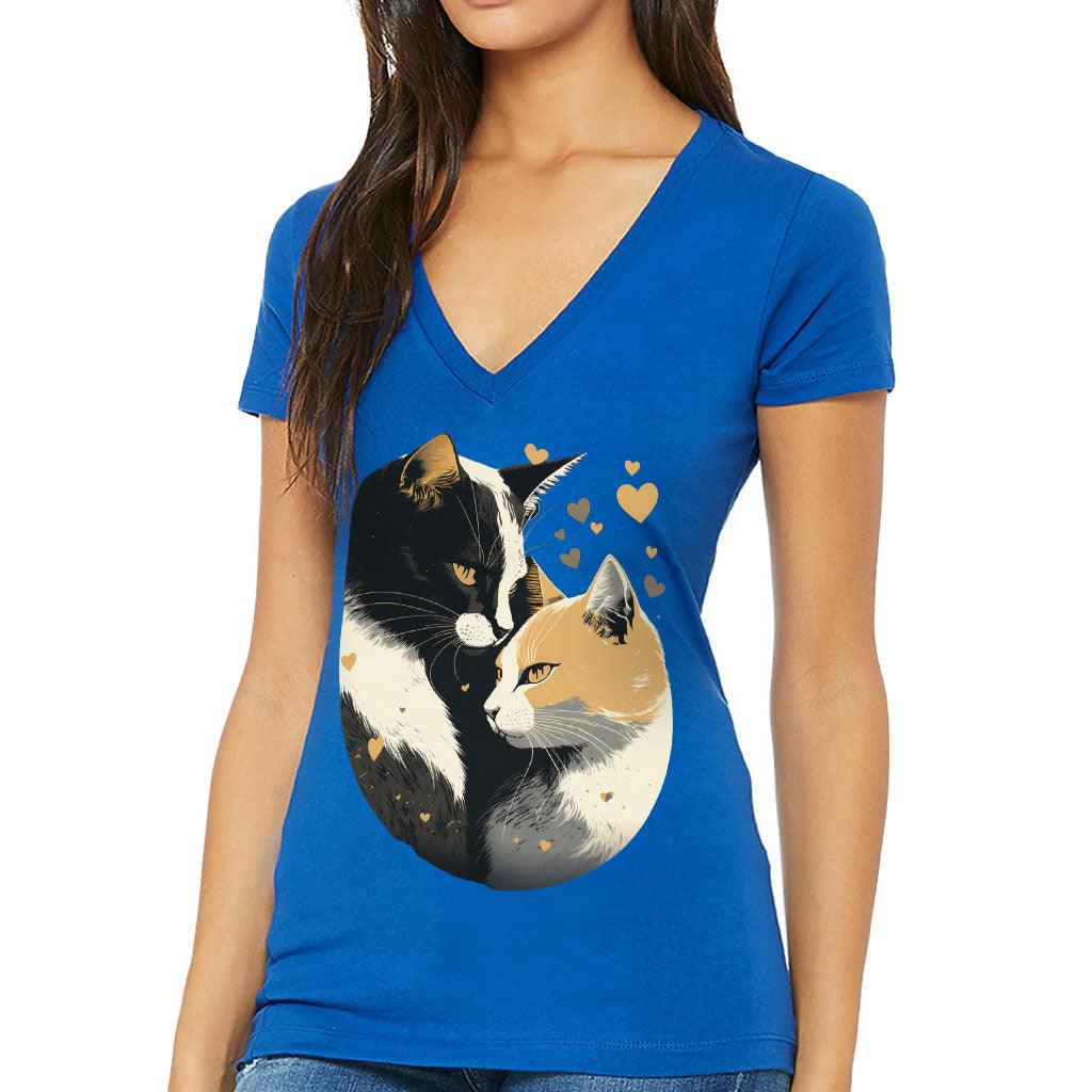 Cat Love Women's V-Neck T-Shirt - Couple Style V-Neck Tee - Printed T-Shirt - MRSLM