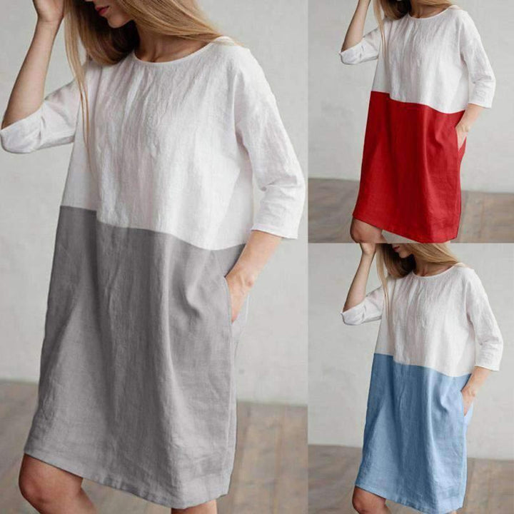 Splicing half-sleeved cotton and linen dress - MRSLM