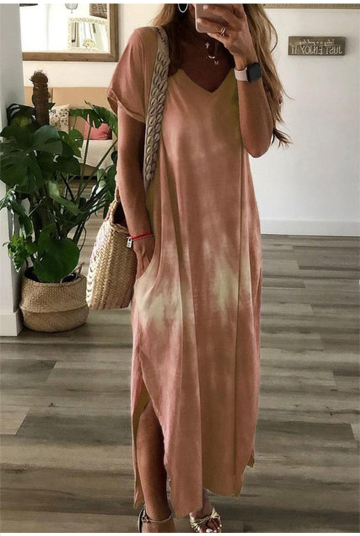 Tie-dye Printed V-neck Pocket Long Dress - MRSLM