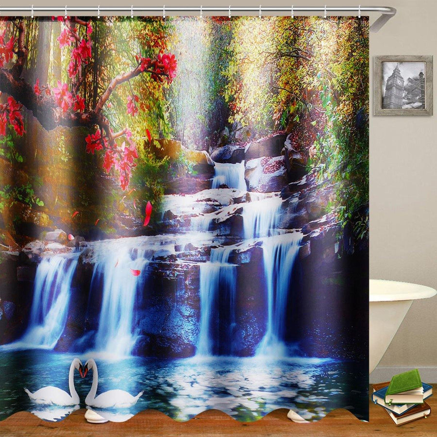 180x180cm Swans Flowers Cascade Waterproof Shower Curtain with 12pcs C-type Hooks Bathroom Set - MRSLM