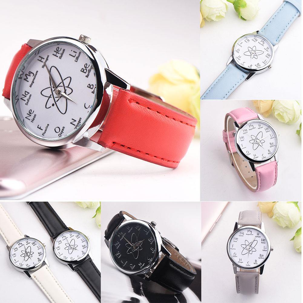 Chemical Symbol Faux Leather Band Unisex Casual Round Quartz Wrist Watch Gift - MRSLM