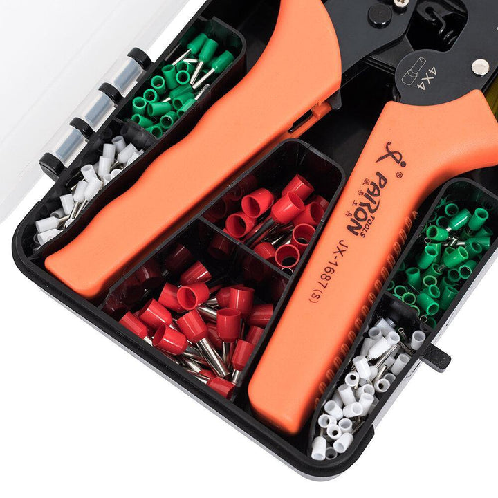 Paron JX-M1687T Crimper Pliers 4-Side Crimping Pliers Terminal Crimper Cold Crimper Tube Type Crimper Tools Kit with 640Pcs Terminals - MRSLM