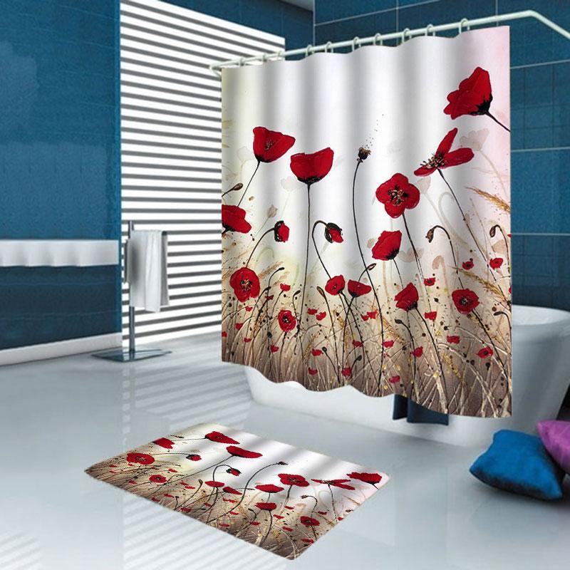 1/3/4Pcs Ink Painting Shower Curtain Bathroom Rug Set Flower Waterproof Polyester Fabric Bathroom Floor Mat Set - MRSLM