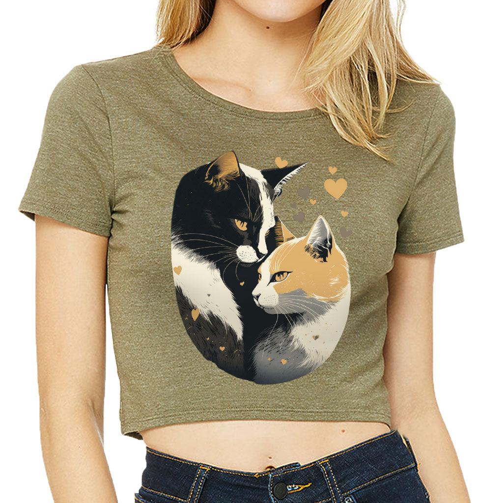 Cat Love Women's Cropped T-Shirt - Couple Style Crop Top - Printed Cropped Tee - MRSLM