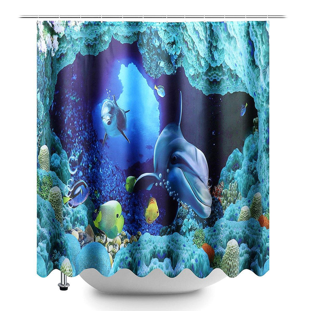 180x180cm Blue Dolphin Deep Sea Waterproof Bathroom Shower Curtain with 12 Hooks - MRSLM