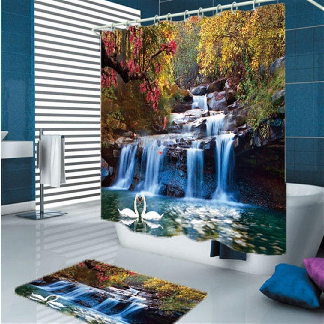 180x180cm Swans Flowers Cascade Waterproof Shower Curtain with 12pcs C-type Hooks Bathroom Set - MRSLM