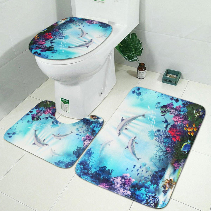 1/3/4 Pcs Sea Style Dolphin Waterproof Shower Curtain Set Toilet Cover Mat Bathroom Non-Slip Mat Pedestal Rug Kit - MRSLM
