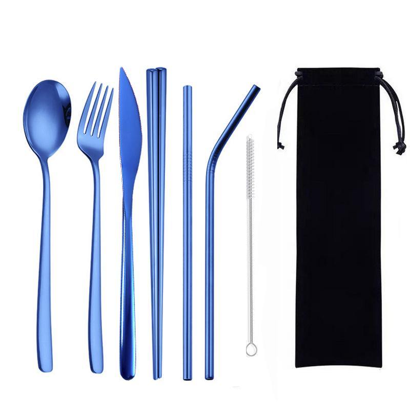 8Pcs Titanium-Plated 304 Stainless Steel Cutlery Set Knife Fork Spoon Chopsticks And Straw Combination - MRSLM