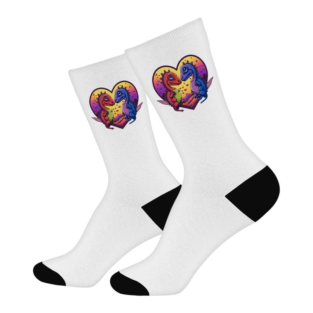 Dinosaurs in Love Socks - Art Novelty Socks - Unique Crew Socks - MRSLM