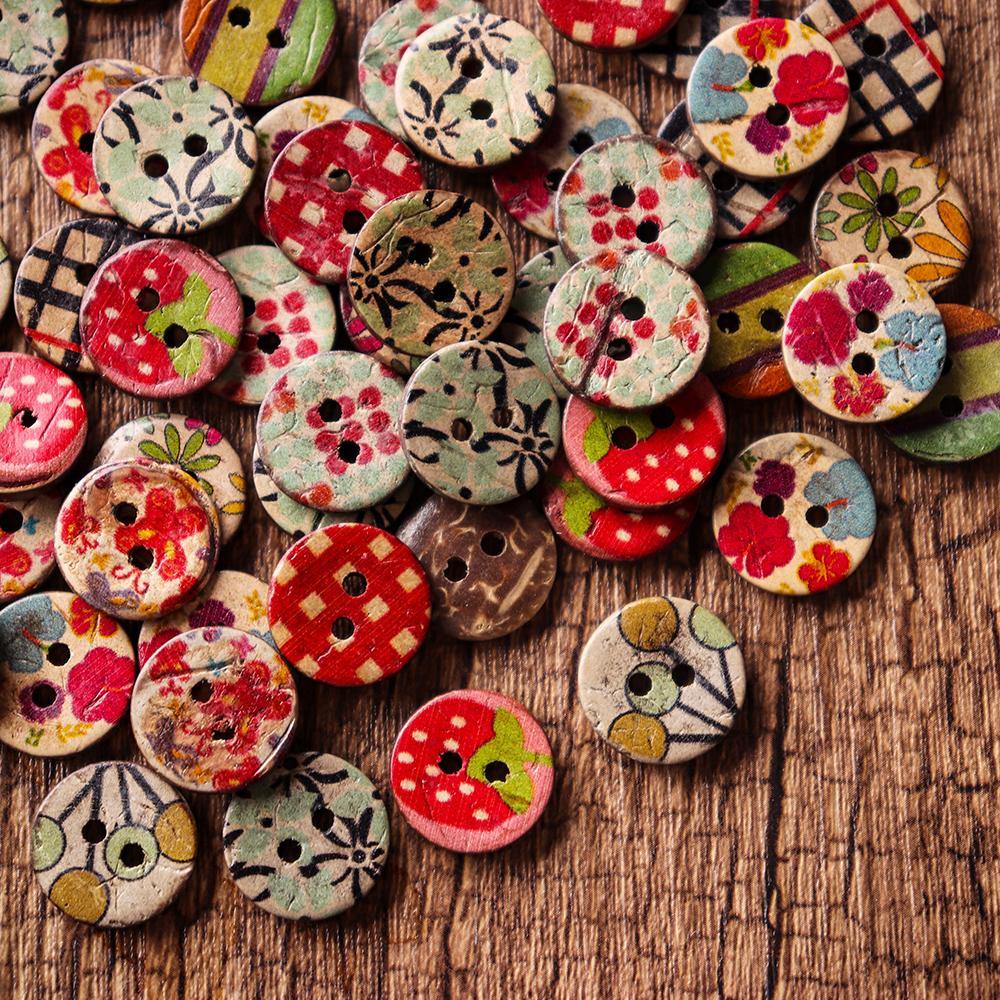 100 PCS Round Pattern Wooden Button Mixed 2 Hole Natural Sewing Children Handmade Clothes Buttons (1) - MRSLM