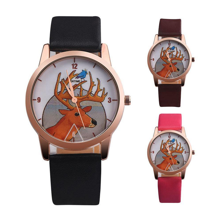 Fashion Christmas Deer Faux Leather Band Quartz Analog Wrist Watch Student Gift - MRSLM