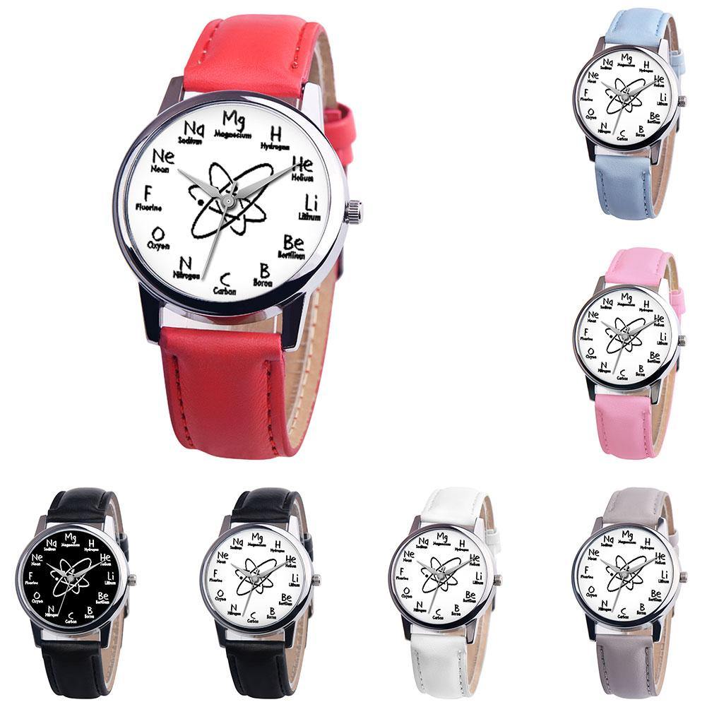 Chemical Symbol Faux Leather Band Unisex Casual Round Quartz Wrist Watch Gift - MRSLM