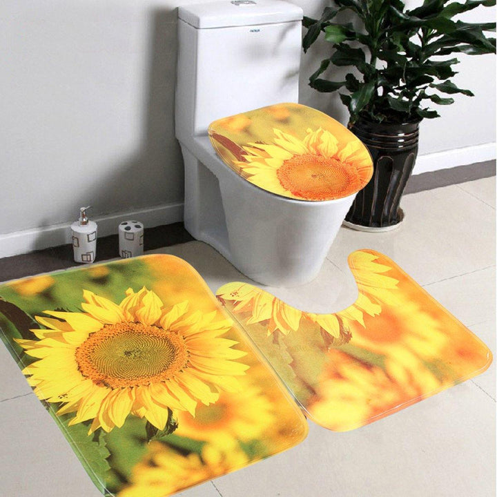 Sunflower Waterproof Polyester Shower Curtain Bathroom Carpet + Pedestal Rug + Toilet Seat Cover - MRSLM