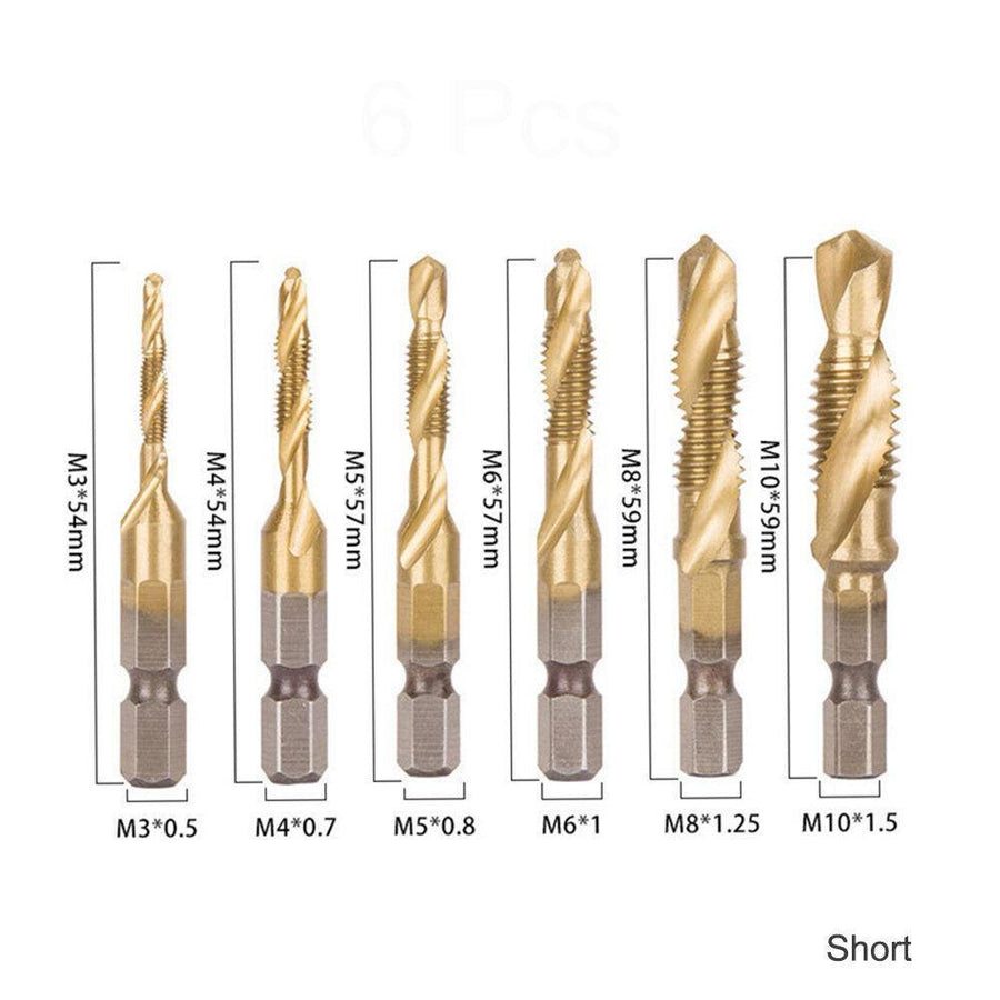 6Pcs 1/4 Inch M3-M10 Screw Tap HSS Combination Drill Tap Bit Set Hex Shank Deburr Countersink Bits - MRSLM