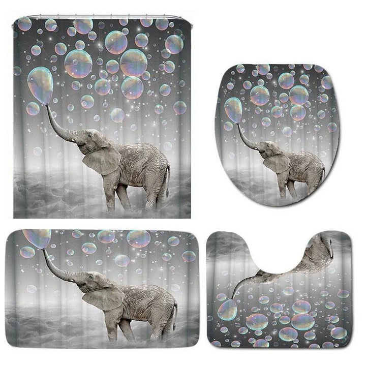 3D Printing Bubbles Elephant Waterproof Bathroom Shower Curtain Toilet Cover Mat Non-Slip Floor Mat Rug Set - MRSLM