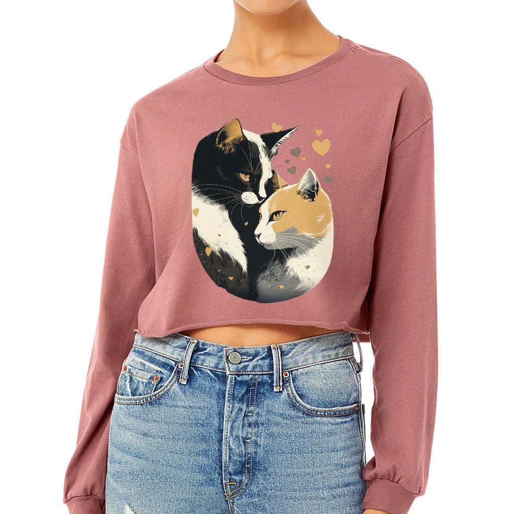 Cat Love Cropped Long Sleeve T-Shirt - Couple Style Women's T-Shirt - Printed Long Sleeve Tee - MRSLM