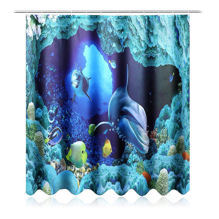 180x180cm Blue Dolphin Deep Sea Waterproof Bathroom Shower Curtain with 12 Hooks - MRSLM