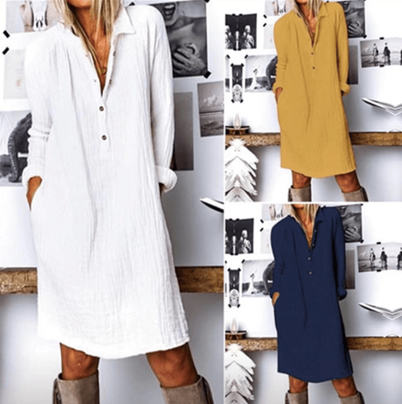 Cotton And Linen Long Sleeve Dress - MRSLM