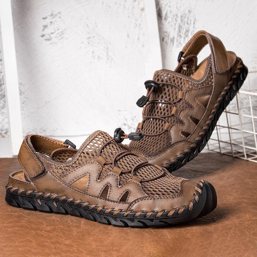 Men Microfiber Leather Hand Stitching Breathable Mesh Casual Soft Sandals - MRSLM