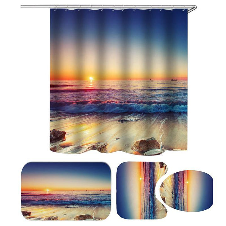 Waterproof Shower Curtain Non-Slip Rug Three Set Bathroom Decor Blue Ocean Sunset - MRSLM