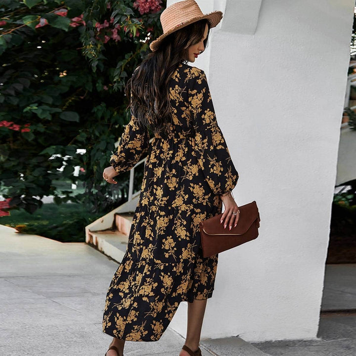 Black and Gold Women's Midi Dress in Floral Print