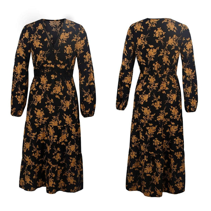 Black and Gold Women's Midi Dress in Floral Print