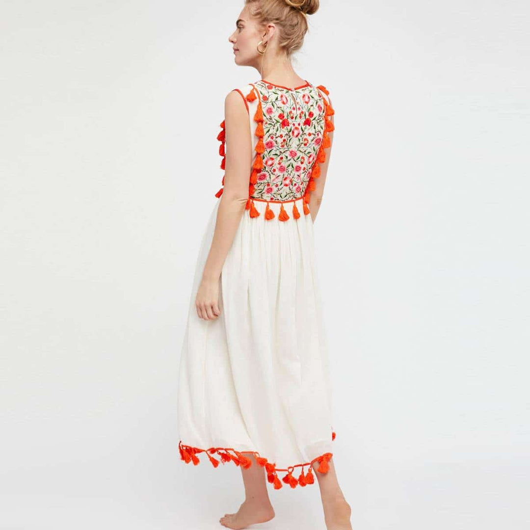 Hand Embroidered Tassel Midi Dress