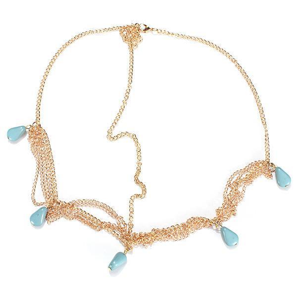 Lady Headdress Turquoise Stone Gold Headbrand Hair Cuff Chain - MRSLM