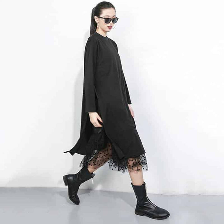 Women's Black Mesh Split Joint Dress with Stand Collar