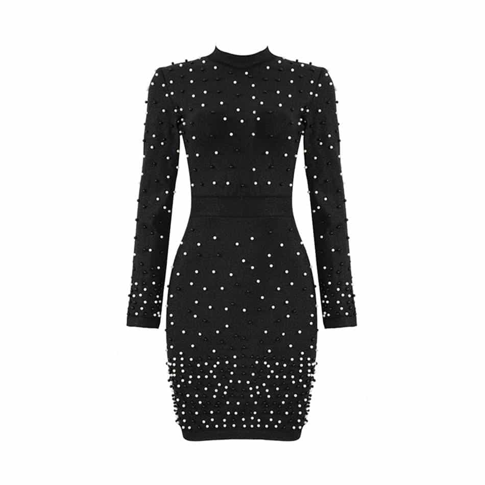 Women's Long Sleeved Beaded Round Neck Dress