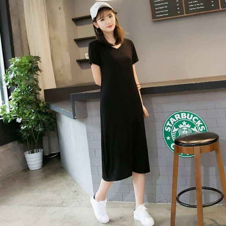 Women's Solid V-Neck Short Sleeved Summer T-Shirt Dress