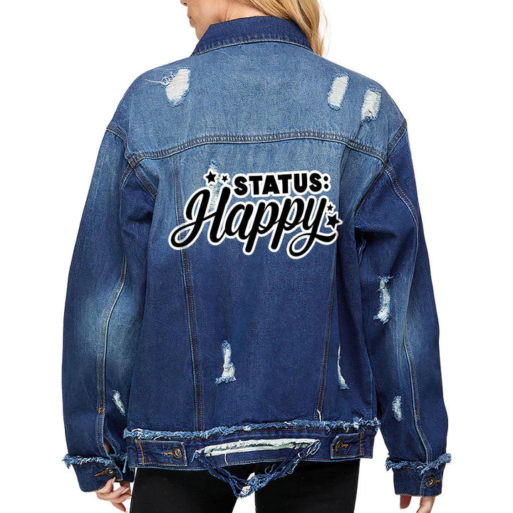 Status Happy Women's Oversized Denim Jacket - Cute Ladies Denim Jacket - Printed Denim Jacket - MRSLM