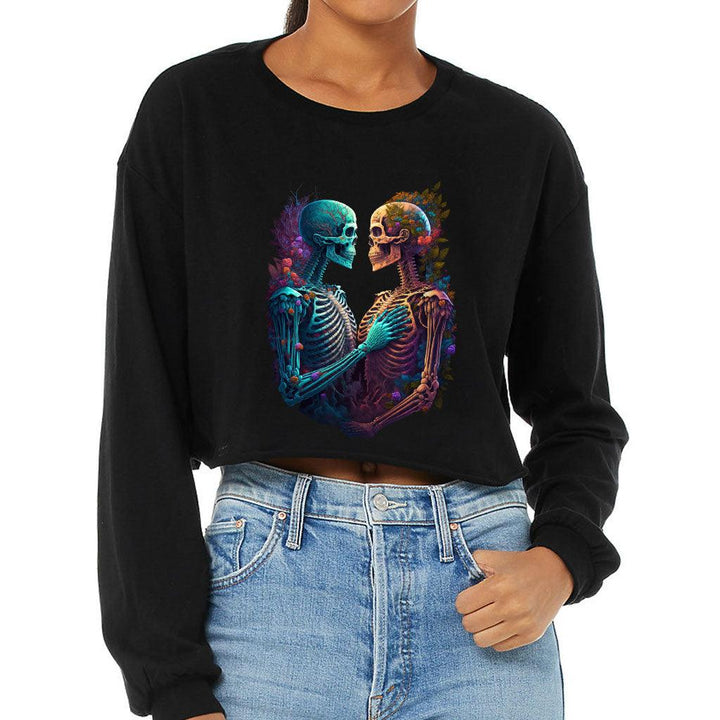 Skeleton Couple Cropped Long Sleeve T-Shirt - Floral Women's T-Shirt - Printed Long Sleeve Tee - MRSLM