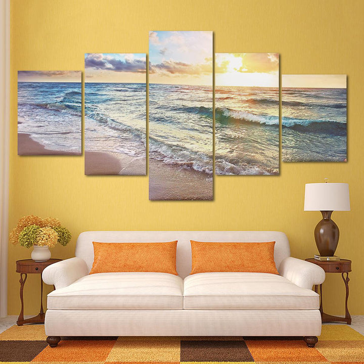 5 Panels Unframed Modern Canvas Seascape Sunrise Art Hanging Picture Room Wall Art Pictures Home Wall Decoration Supplies - MRSLM