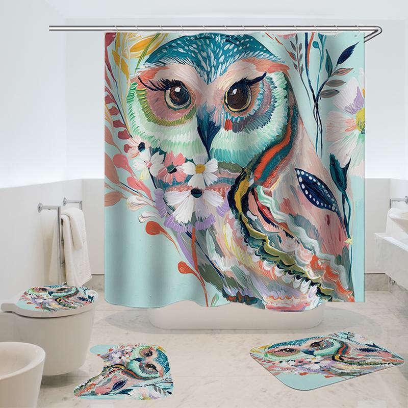 Owl Printed Shower Curtain Non-Slip Rug Three Set Bath Products Bathroom Decor with Hooks Waterproof - MRSLM