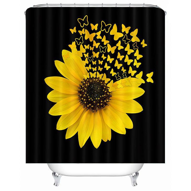 Sunflower Butterfly Print Waterproof Bathroom Shower Curtain Toilet Cover Carpet Toilet Mat Set Decor - MRSLM