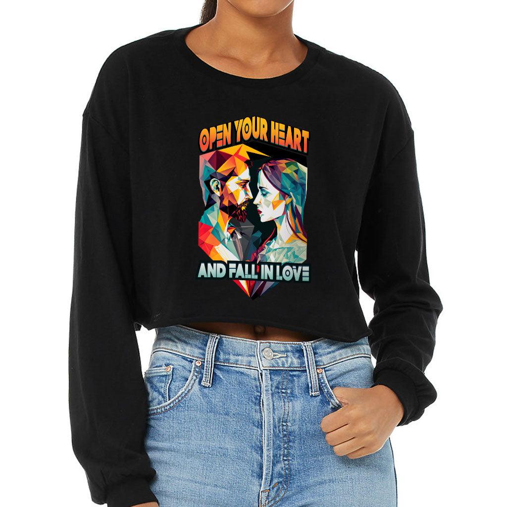 Fall in Love Cropped Long Sleeve T-Shirt - Unique Women's T-Shirt - Geometric Long Sleeve Tee - MRSLM