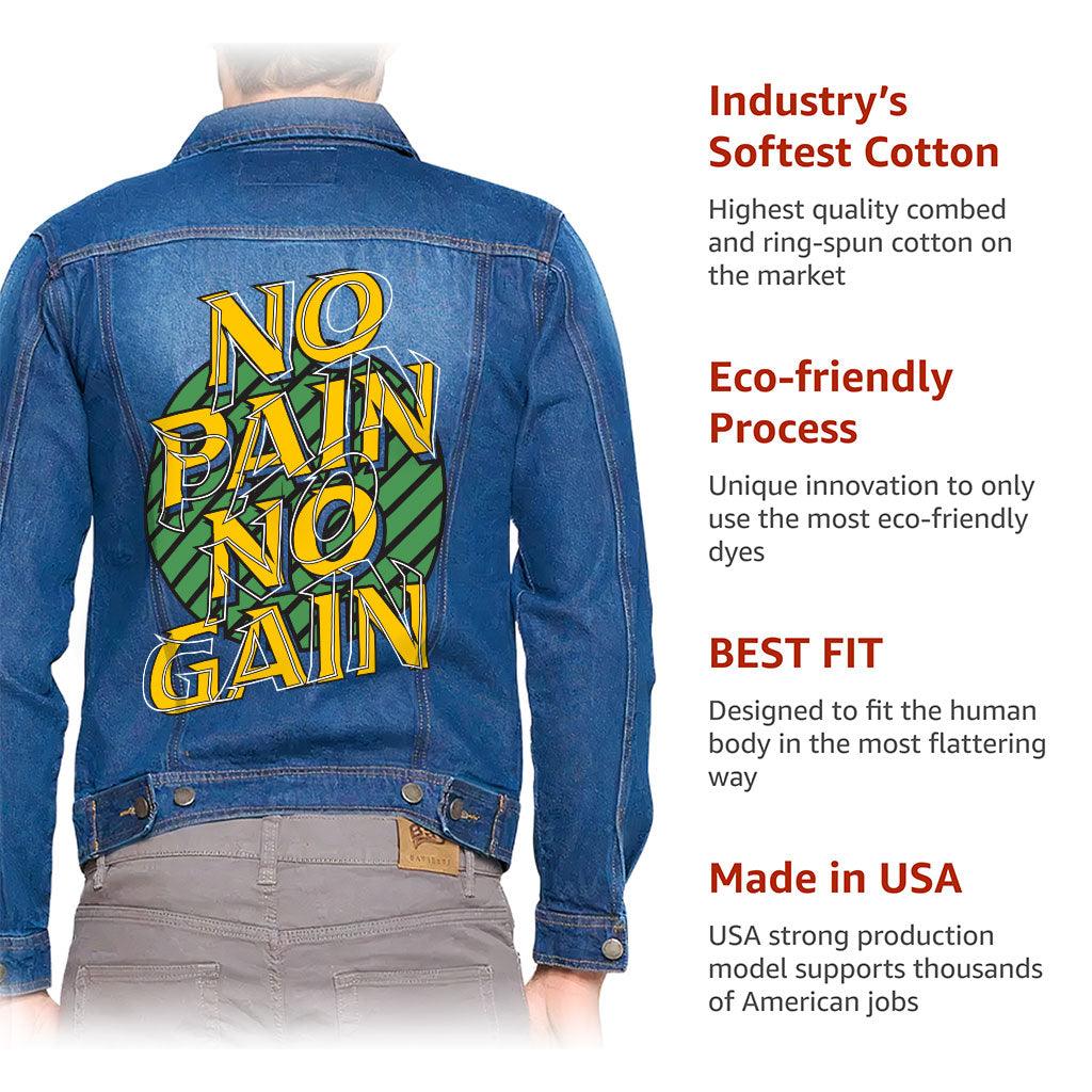 No Pain No Gain Dark Washed Men's Denim Jacket - Trendy Denim Jacket - Best Design Jacket for Men - MRSLM