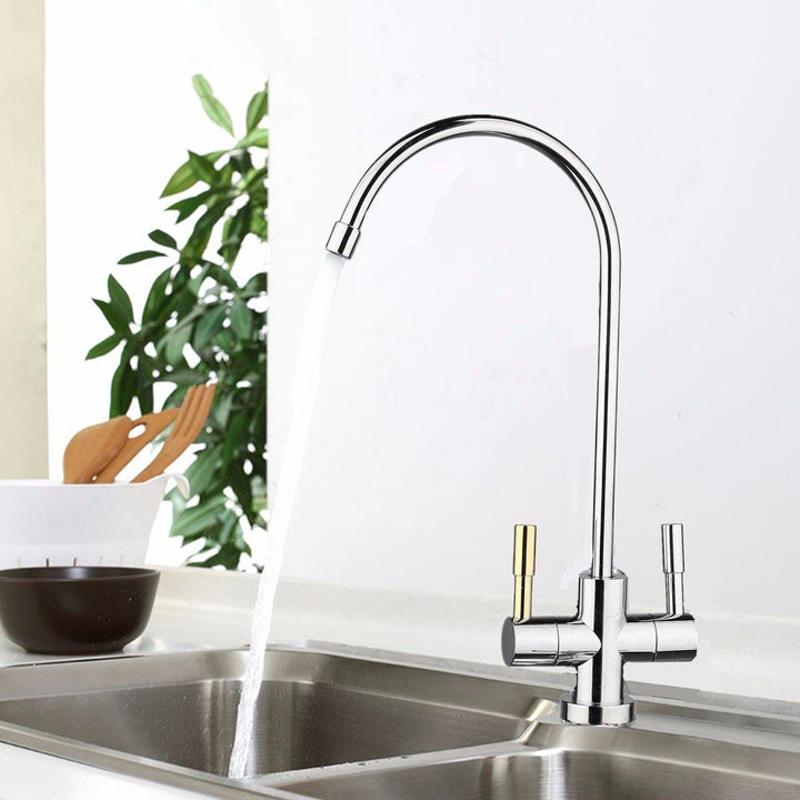 1/4'' Double Holes Chrome RO Reverse Osmosis Kitchen Sink Drinking Water Filter Neck Faucet - MRSLM