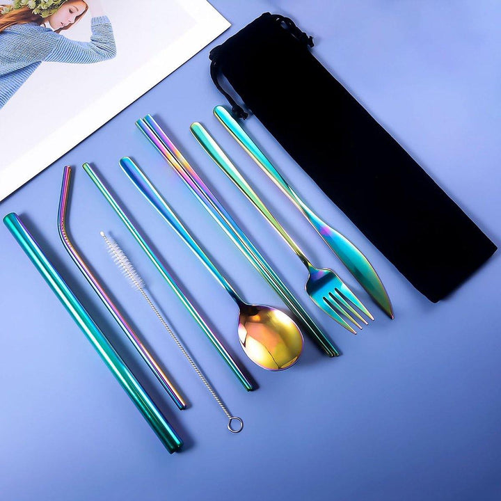 9pcs Titanium-Plated 304 Stainless Steel Cutlery Set Knife Fork Spoon Chopsticks Straw Set - MRSLM