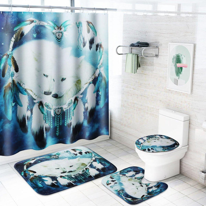 B68916 White Wolf Dream Catcher Bathroom Shower Curtain Lid Toilet Mat Cover Bath Floor Mat - MRSLM