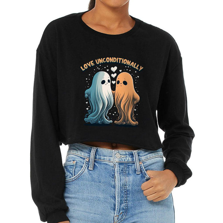 Love Unconditionally Cropped Long Sleeve T-Shirt - Ghost Print Women's T-Shirt - Graphic Long Sleeve Tee - MRSLM